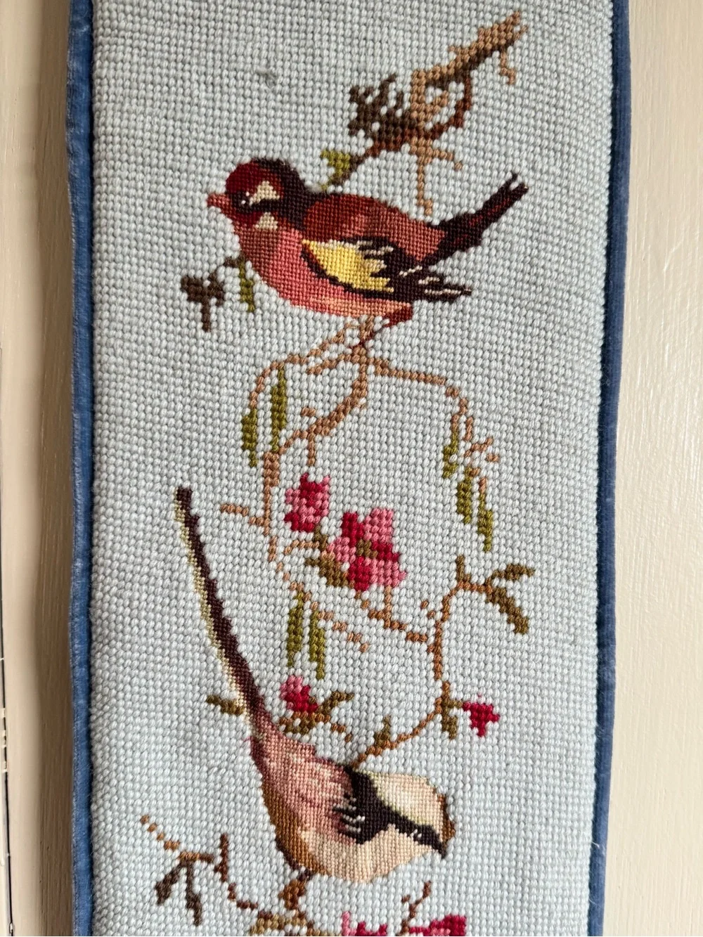 Vintage Blue Cross Stitch Bird & Floral Tapestry Bell Pull Wall Hanging